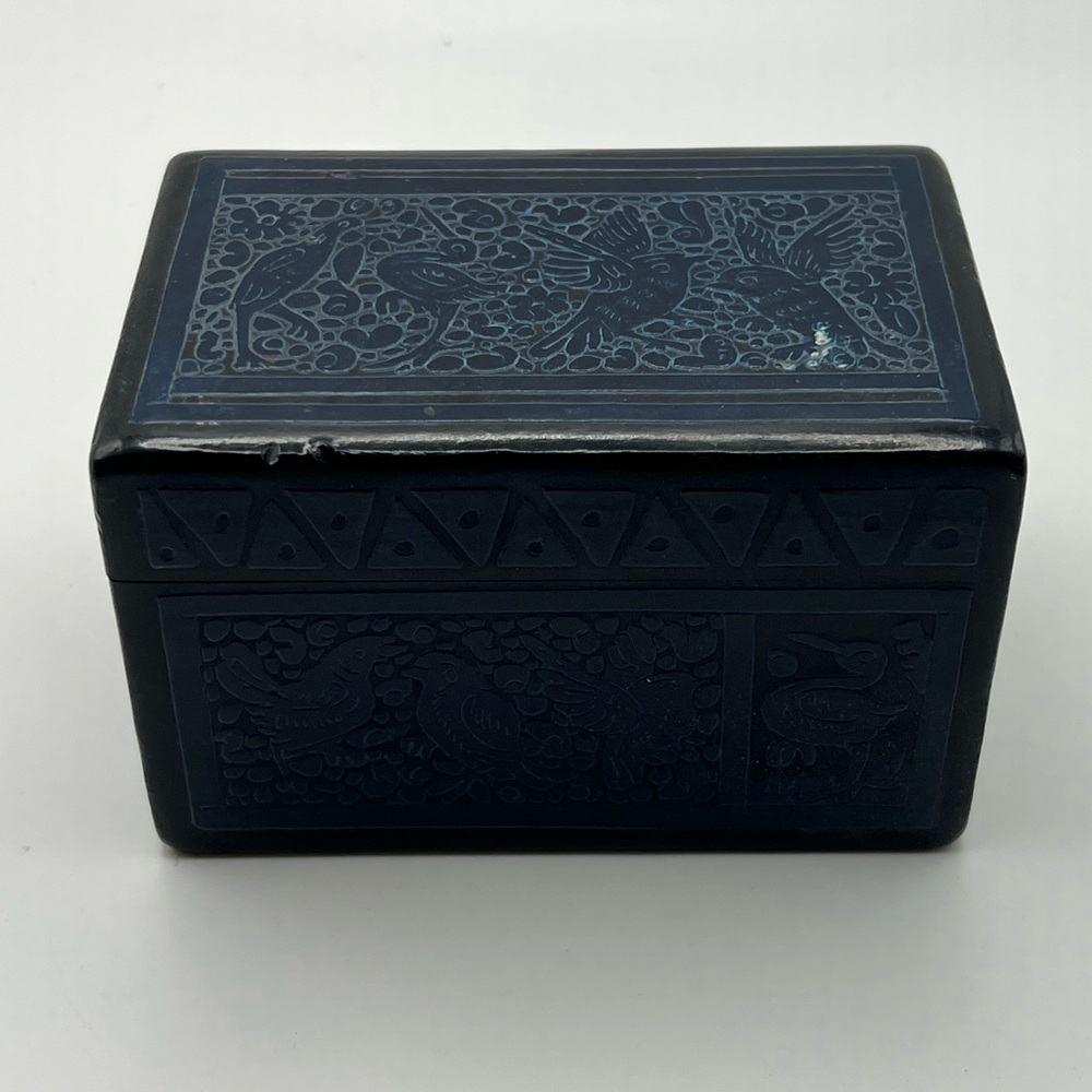 Blue stained wood box hand carved birds.